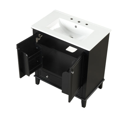 30" Bathroom Vanity with Sink Combo, Multi-functional Bathroom Cabinet with Doors and Drawer, Solid Wood and MDF Board, Black