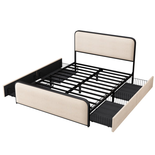 Modern Metal Bed Frame with Curved Upholstered Headboard and Footboard Bed with 4 Storage Drawers, Heavy Duty Metal Slats, Queen Size, Beige