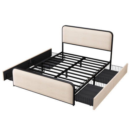 Modern Metal Bed Frame with Curved Upholstered Headboard and Footboard Bed with 4 Storage Drawers, Heavy Duty Metal Slats, Queen Size, Beige