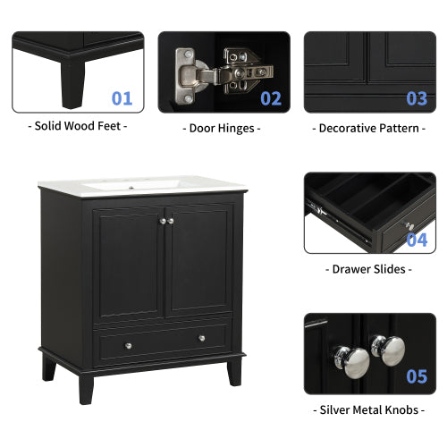 30" Bathroom Vanity with Sink Combo, Multi-functional Bathroom Cabinet with Doors and Drawer, Solid Wood and MDF Board, Black