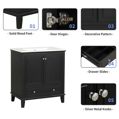 30" Bathroom Vanity with Sink Combo, Multi-functional Bathroom Cabinet with Doors and Drawer, Solid Wood and MDF Board, Black