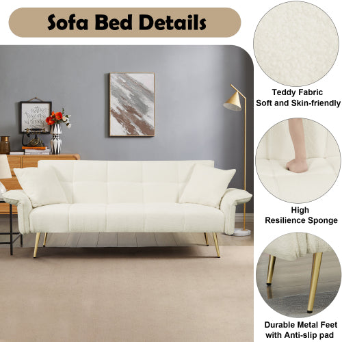 70.1 Inch Convertible Futon Sofa-Bed with Folding Armrests Teddy-Velvet Upholstery Wood-Frame for Living-Room Small-Spaces
