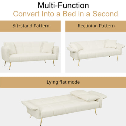70.1 Inch Convertible Futon Sofa-Bed with Folding Armrests Teddy-Velvet Upholstery Wood-Frame for Living-Room Small-Spaces