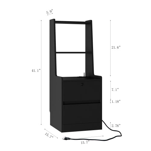 Nightstand with Charging Station, Smart Nightstand with Night Light, Modern Night Stand with Bookshelf, Bedside Tables with Storage Cabinet for Bedroom, Black