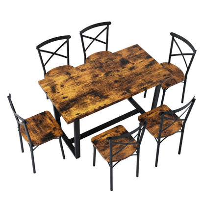 7-Piece Brown Industrial Dining Set, MDF & Metal Frame Kitchen Table and Chairs Set for Small Spaces