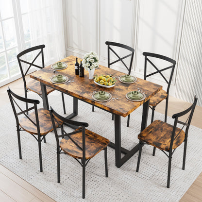 7-Piece Brown Industrial Dining Set, MDF & Metal Frame Kitchen Table and Chairs Set for Small Spaces