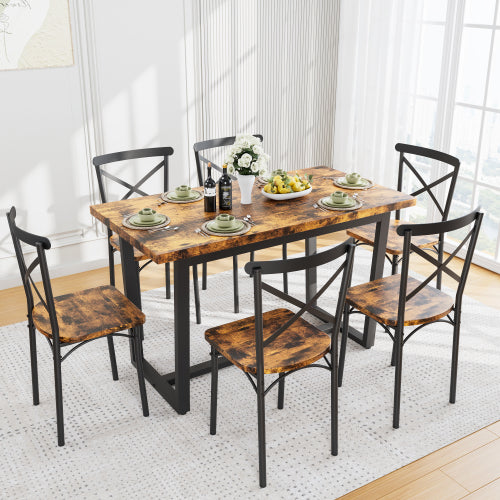 7-Piece Brown Industrial Dining Set, MDF & Metal Frame Kitchen Table and Chairs Set for Small Spaces