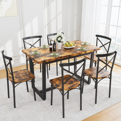 7-Piece Brown Industrial Dining Set, MDF & Metal Frame Kitchen Table and Chairs Set for Small Spaces
