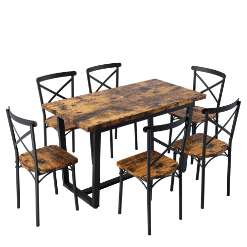 7-Piece Brown Industrial Dining Set, MDF & Metal Frame Kitchen Table and Chairs Set for Small Spaces