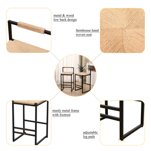 Set of 2 Bar Stools with Back  Paper Rope Woven Counter Height Dining Chairs for Kitchen, Home (Paper Rope with Back)