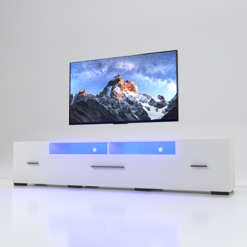 White LED TV Stand for 55-80 inch TVs with Storage and Power Outlet