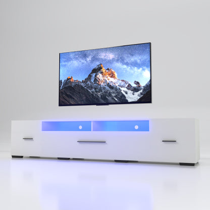 White LED TV Stand for 55-80 inch TVs with Storage and Power Outlet