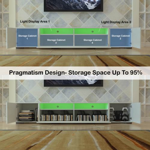 White LED TV Stand for 55-80 inch TVs with Storage and Power Outlet