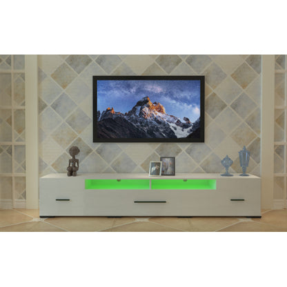 White LED TV Stand for 55-80 inch TVs with Storage and Power Outlet