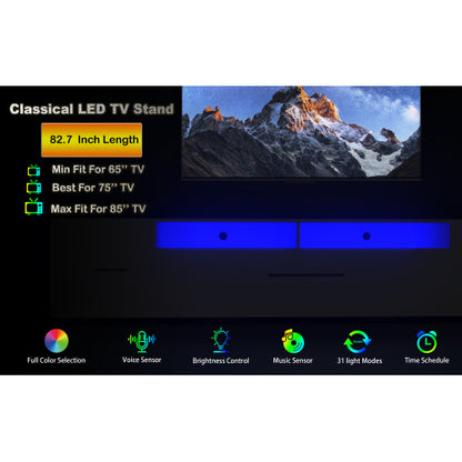 White LED TV Stand for 55-80 inch TVs with Storage and Power Outlet