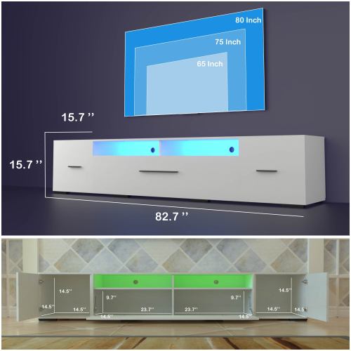 White LED TV Stand for 55-80 inch TVs with Storage and Power Outlet