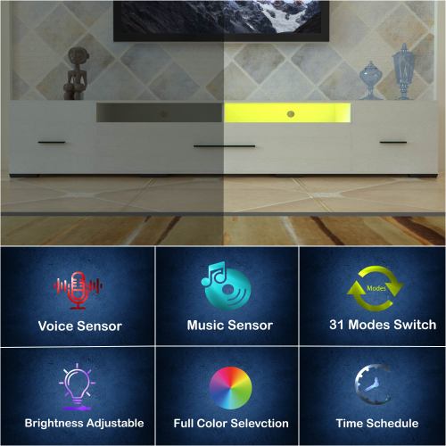 White LED TV Stand for 55-80 inch TVs with Storage and Power Outlet
