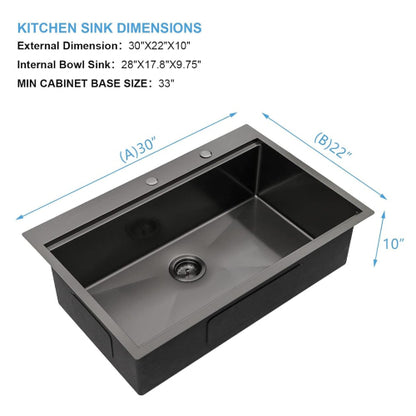 30" x 22" Black Drop In Kitchen Sink, 16 Gauge Stainless Steel Workstation Sink