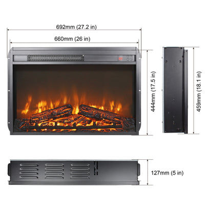 26 inch electric fireplace insert, ultra thin heater with log set & realistic flame, remote control with timer, overheating protection