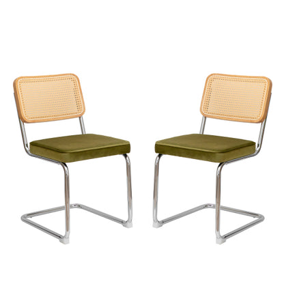 Dining Chairs Set of 2, Velvet Rattan Side Accent Chairs with Chrome Legs, Modern Mid Century Breuer Designed Chairs, Olive Green