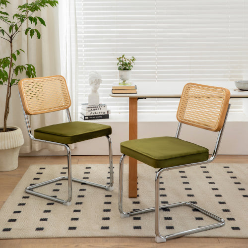 Dining Chairs Set of 2, Velvet Rattan Side Accent Chairs with Chrome Legs, Modern Mid Century Breuer Designed Chairs, Olive Green
