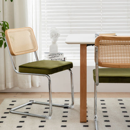 Dining Chairs Set of 2, Velvet Rattan Side Accent Chairs with Chrome Legs, Modern Mid Century Breuer Designed Chairs, Olive Green