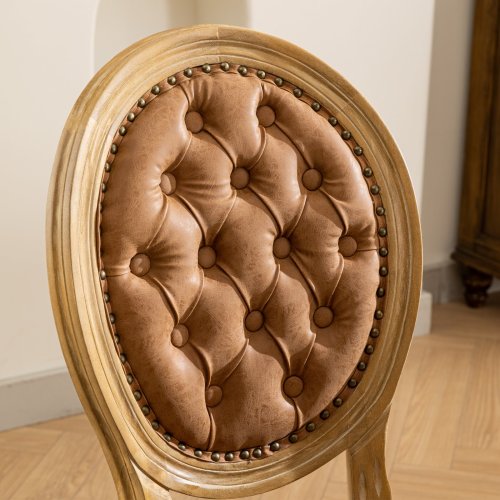 Set of 2 Orange French PU Leather Tufted Nailhead Dining Chairs, Solid Wood Frame 300 LBS Load