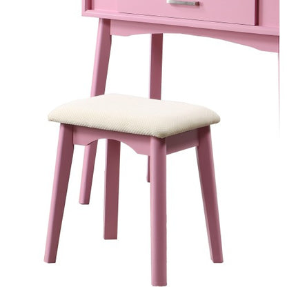 Contemporary Pink Wood Vanity and Stool Set, Round Mirror, Rubberwood Frame, 32.28 inch W