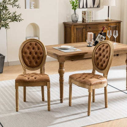 Set of 2 Orange French PU Leather Tufted Nailhead Dining Chairs, Solid Wood Frame 300 LBS Load