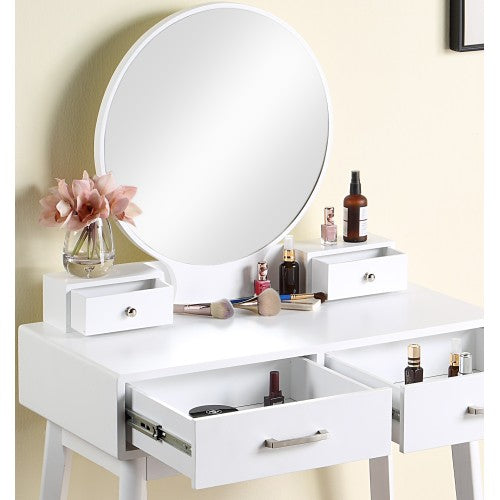 Contemporary White Wood Vanity and Stool Set, Round Mirror, Rubberwood Frame, 32.68 inch W