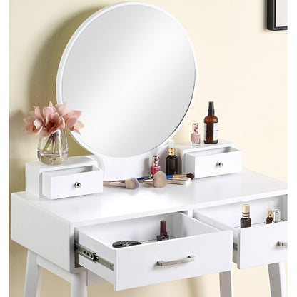 Contemporary White Wood Vanity and Stool Set, Round Mirror, Rubberwood Frame, 32.68 inch W
