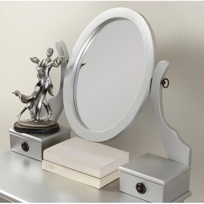 Moniya Silver Wood Makeup Vanity Table and Stool Set, 3 Drawers, Adjustable Oval Mirror