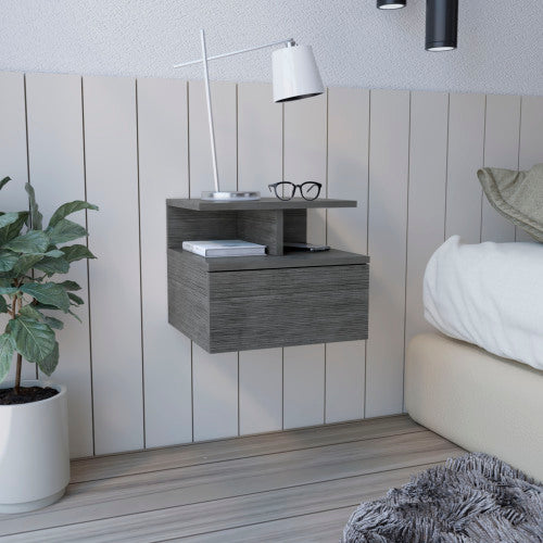 Floating Wall-Mounted Nightstand with Drawer & Open Shelves