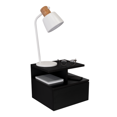 Black Floating Nightstand with Drawer & Shelves