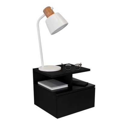 Black Floating Nightstand with Drawer & Shelves