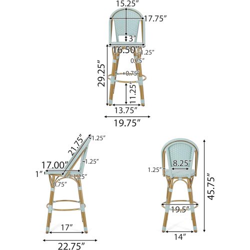 29.5" Outdoor PE Rattan and Aluminum French Barstools, Set of 2, Light Teal and Bamboo Finish