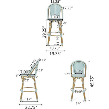 29.5" Outdoor PE Rattan and Aluminum French Barstools, Set of 2, Light Teal and Bamboo Finish
