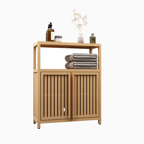 Natural Bamboo Freestanding Storage Cabinet Double Louvered Door Bathroom Organizer