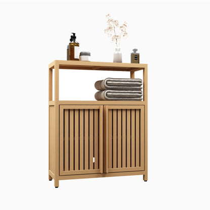 Natural Bamboo Freestanding Storage Cabinet Double Louvered Door Bathroom Organizer