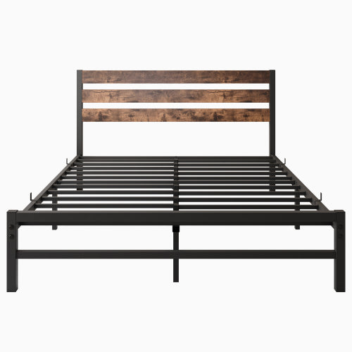 Queen Size Platform Bed Frame with Rustic Vintage Wood Headboard, Strong Metal Slats Support Mattress Foundation, No Box Spring Needed Rustic Brown