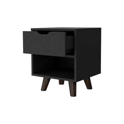 1-Drawer Nightstand with Open Shelf & Wooden Legs