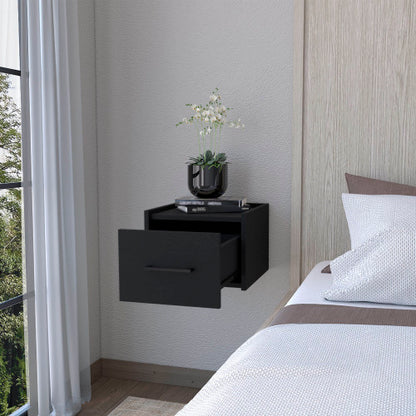 Black Finish Wall Mounted Floating Nightstand, 1 Drawer & 2-Tier Shelf