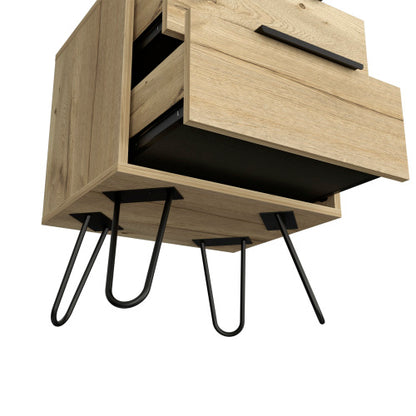 Light Oak Nightstand, 2-Drawer Bedside Table with Metal Hairpin Legs Compact Side Table