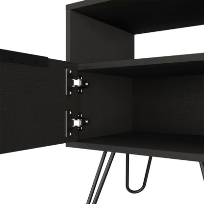 Black Nightstand with Cabinet, Open Shelf & Hairpin Legs, 22inchH