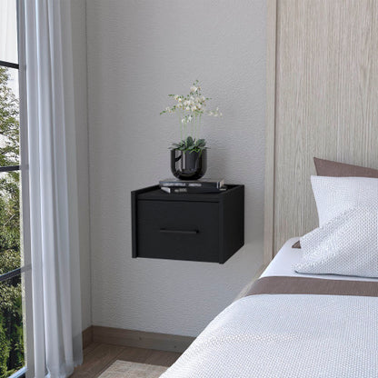 Black Finish Wall Mounted Floating Nightstand, 1 Drawer & 2-Tier Shelf
