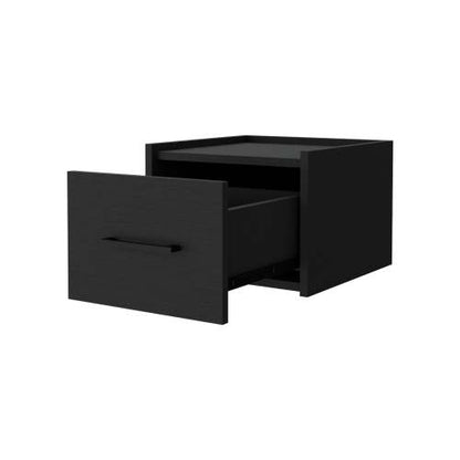 Black Finish Wall Mounted Floating Nightstand, 1 Drawer & 2-Tier Shelf