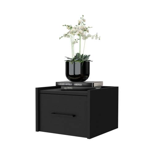 Black Finish Wall Mounted Floating Nightstand, 1 Drawer & 2-Tier Shelf