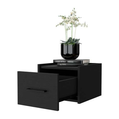 Black Finish Wall Mounted Floating Nightstand, 1 Drawer & 2-Tier Shelf