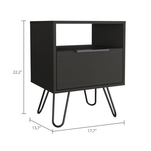 Black Nightstand with Cabinet, Open Shelf & Hairpin Legs, 22inchH