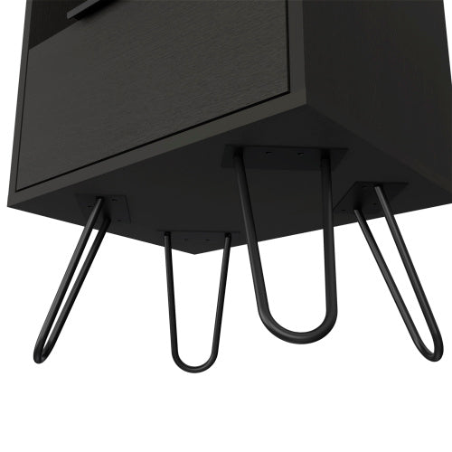 Black Nightstand with Cabinet, Open Shelf & Hairpin Legs, 22inchH